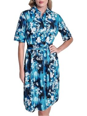 DKNY Blue and White Floral Shirt Dress with Tie Waist